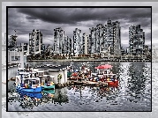 Rzeka, Łodzie, Wieżowce, Granvill Island, Vancouver, Kanada