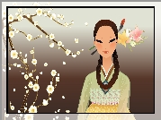 Kobieta, Japonka, Gałązki, Białe, Kwiaty