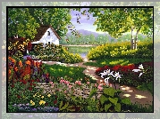 Dom, Ogród, Kwiaty, Murek