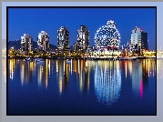 Rzeka, Miasto, Wieżowce, Noc Vancouver