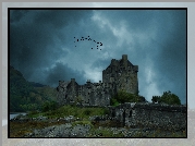 Szkocja, Wzgórze, Zamek Doune Castle, Wieczór, Ptaki