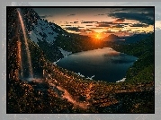 Północna Norwegia, Jezioro, Góry, Zachód Słońca