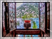 Chorwacja, Okno, Hotel, Kwiat, Jezioro, Góry