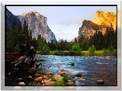 Stany Zjednoczone, Stan Kalifornia, Park Narodowy Yosemite, Góry, Las, Rzeka, Kamienie, Szczyt El Capitan