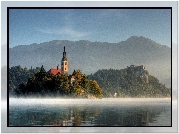 Kościół, Góry, Mgła, Jezioro, Bled, Słowenia