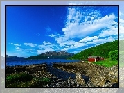 Jezioro, Góry, Lasy, Domy, Norwegia