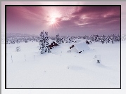 Norwegia, Okręg Oppland, Gmina Lillehammer, Zima, Drzewa, Promienie słońca, Zasypane, Domy