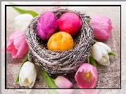 Wielkanoc, Dekoracja, Gniazdko, Kolorowe, Pisanki, Tulipany