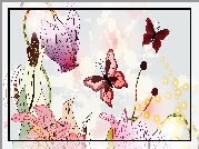Grafika, 2D, Motyle, Kwiaty