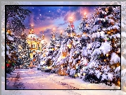 Zima, Świerki, Świąteczne, Lampki, Cerkiew, Rosja