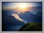 Szwajcaria, Jezioro Czterech Kantonów, Człowiek, Góry, Promienie słońca