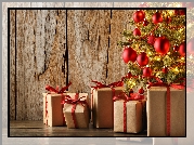 Boże Narodzenie, Czerwone, Bombki, Świąteczne, Prezenty, Deski, Choinka
