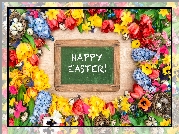 Wielkanoc, Tabliczka, Napis, Happy Easter, Wiosenne, Kwiaty, Jajka, Gniazdka, Deski, Bratki, Hiacynty, Tulipany, Żonkile
