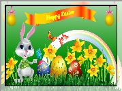 Wielkanoc, Zajączek, Pisanki, Żonkile, Tęcza, Napis, Happy Easter