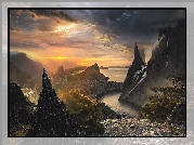 Góry, Morze, Zachód słońca, Digital Art