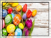 Wielkanoc, Kolorowe, Pisanki, Tulipany, Koszyk, Deski