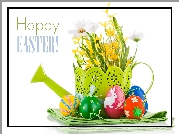 Wielkanoc, Pisanki, Konewka, Kwiaty, Napis, Happy Easter
