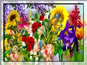 Kwiaty, Kolorowe, Słonecznik, Tulipany, Róże, Glicynia, Irys, Grafika