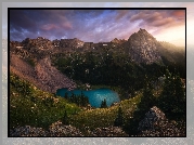 Rezerwat przyrody Alpine Lakes Wilderness, Góry, Jezioro, Świt, Stan Waszyngton, Stany Zjednoczone