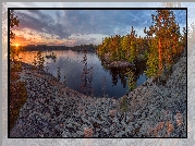 Jezioro Ładoga, Drzewa, Las, Zachód słońca, Chmury, Karelia, Rosja