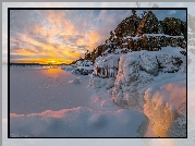 Zima, Jezioro Ładoga, Lód, Oblodzone, Skały, Zachód słońca, Karelia, Rosja