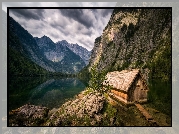 Jezioro Obersee, Kamienie, Gry Alpy, Drewniany, Domek, Szopa, Park Narodowy Berchtesgaden, Bawaria, Niemcy