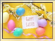 Wielkanoc, Pisanki, Gałązki, Wstążki, Napis, Happy Easter