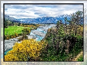 Rzeka Clarence River, Region Canterbury, Wyspa Poudniowa, Nowa Zelandia, Gry, Drzewa, Chmury
