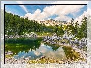 Triglavski Park Narodowy, Słowenia, Góry, Jezioro, Drzewa, Chmury