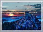 Niemcy, Zamek Neuschwanstein, Zima, Góry, Zachód słońca, Paintography
