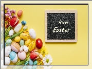 Wielkanoc, Kolorowe, Pisanki, Kwiaty, Tabliczka, Życzenia