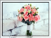 Kwiaty, Bukiet, Różowe, Róże, Białe, Frezje