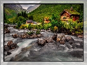 Góry, Drewniane, Domy, Most, Rzeka Rauma, Kamienie, Trollstigen, Gmina Rauma, Norwegia