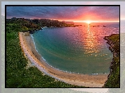 Morze, Wybrzeże, Plaża, Tra Na Rosann Beach, Skały, Roślinność, Zachód słońca, Półwysep Rosguill, Hrabstwo Donegal, Irlandia