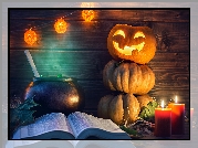 Halloween, Dynie, Lampion, Książka, Świece