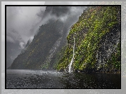 Góry, Mgła, Wodospad, Fiord, Doubtful Sound, Park Narodowy Fiordland, Nowa Zelandia