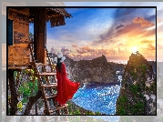 Dom, Drabina, Kobieta, Czerwona, Suknia, Kapelusz, Góry, Morze, Wyspa, Nusa Penida, Indonezja