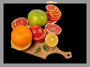 Owoce, Cytrusy, Grejpfruty, Pomarańcza, Cytryna, Listki, Deska, Czarne, Tło
