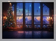 Pokój, Okno, Drzewa, Góry, Półki, Książki, Lampy, Boże Narodzenie, Grafika