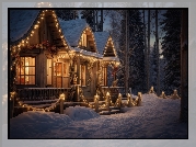 Zima, Boże Narodzenie, Dom, Dekoracje, Las, Drzewa