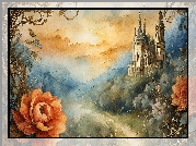 Obraz, Malarstwo, Zamek, Góry, Droga, Kwiaty, Drzewo
