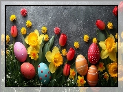Wielkanoc, Pisanki, Kwiaty, Żonkile, Tulipany