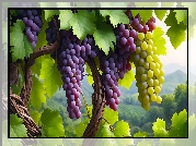 Winogrona, Owoce, Gałęzie, Liście, Góry, Grafika