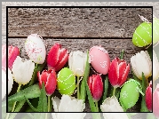 Kwiaty, Białe, Czerwone, Tulipany, Kolorowe, Pisanki, Deski