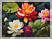 Kolorowe, Kwiaty, Lilie wodne, Liście, Pąki, Grafika