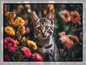Kot, Kocię, Kwiaty, Grafika