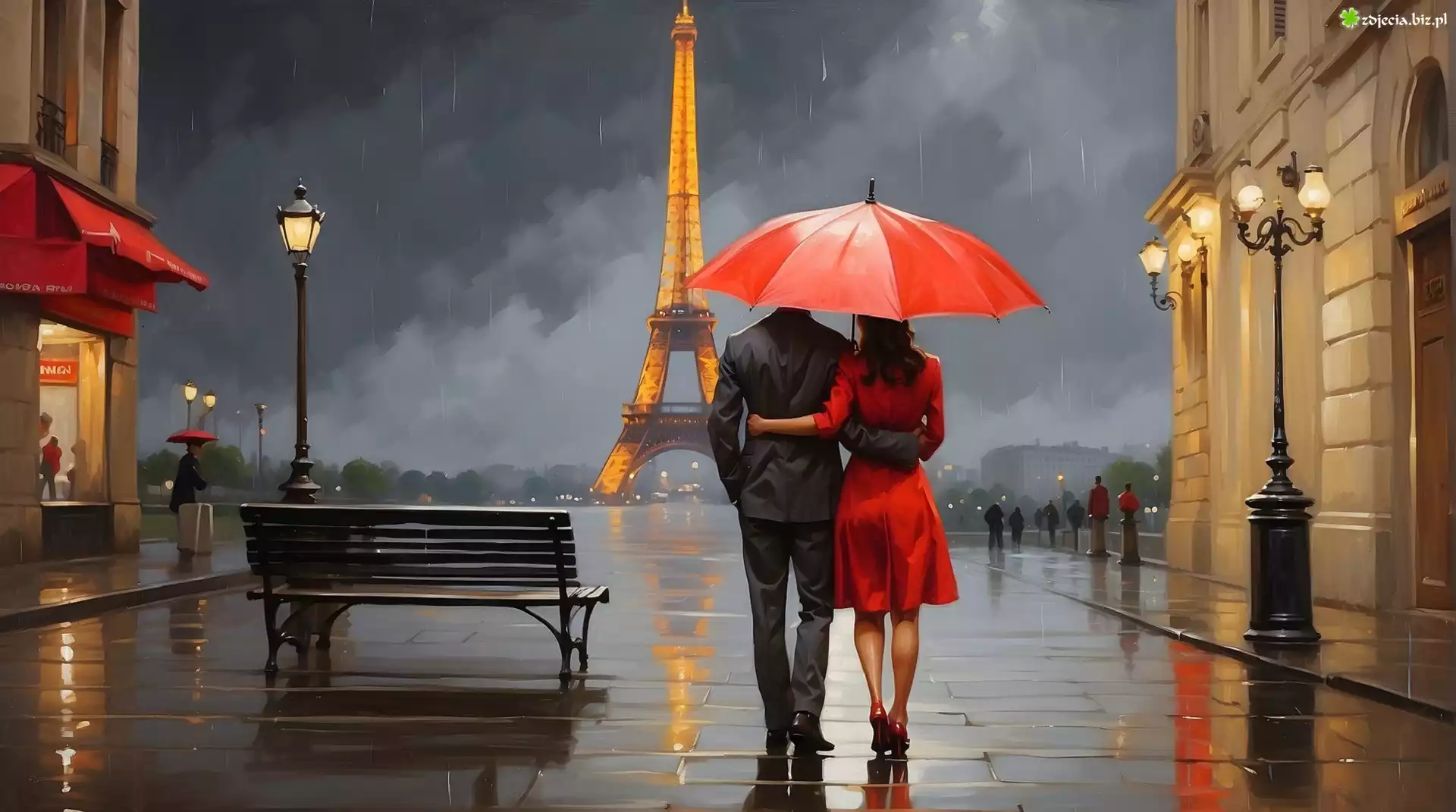 2D, Kobieta, Mężczyzna, Parasol, Deszcz, Wieża Eiffla, Paryż, Francja