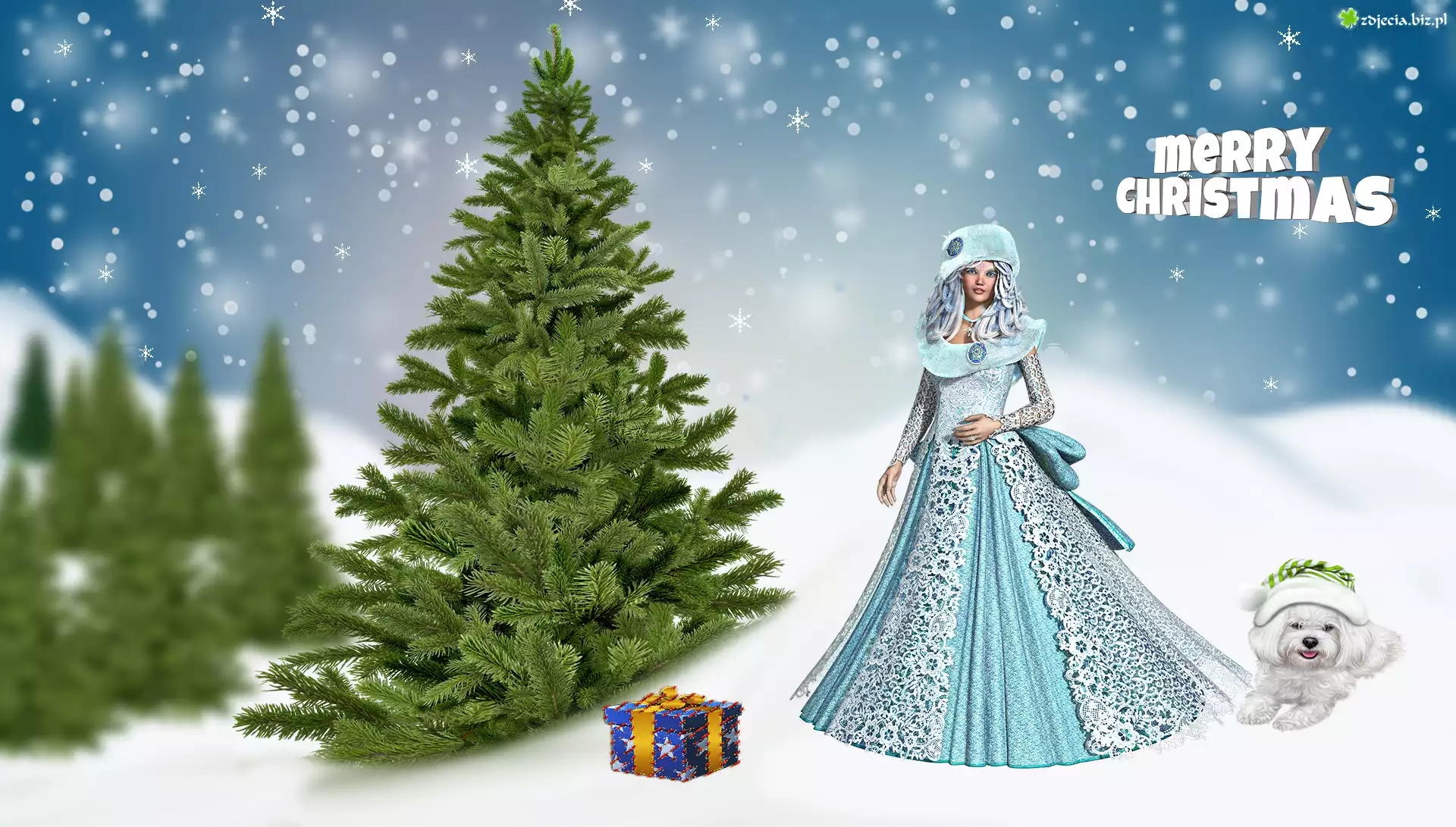 Zima, Choinki, Dziewczyna, Pies, Życzenia, Świąteczne, Merry Christmas, Prezent, 2D