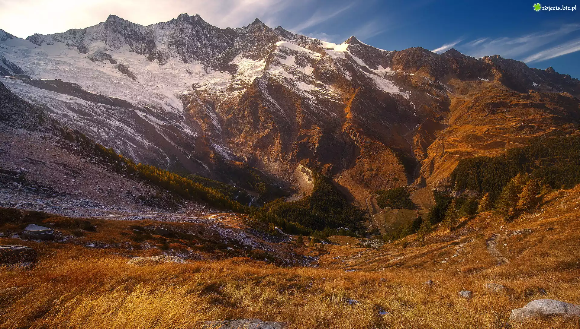 Szwajcaria, Kanton Valais, Saas-Fee, Alpy Pienińskie, Góry, Trawa, Kamienie, Skały, Jesień