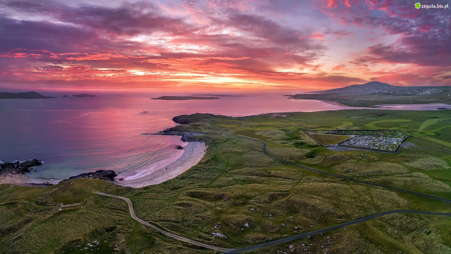 Wybrzeże, Morze, Plaża, Tra Dhearg Beach, Zachód słońca, Chmury, Hrabstwo Donegal, Irlandia